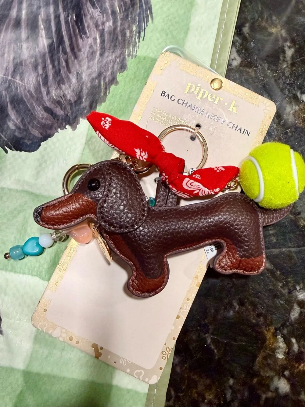 Piper Brown Leather Dachshund Bag Charm key with Red Bandana Accent Free Bag NEW